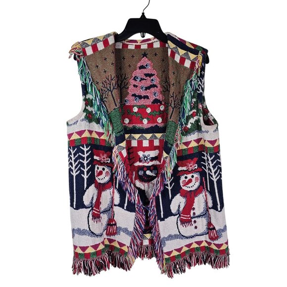 Vtg Tapestry Christmas Snowman Sweater Vest L Fringe Artsy Teacher Holiday - Picture 1 of 6